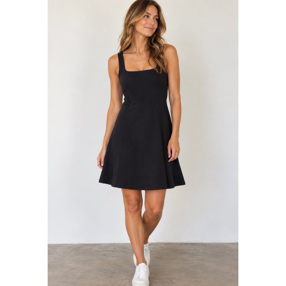 Beyond Yoga Spacedye Square Neck A-Line Dress Black Medium Pockets Activewear